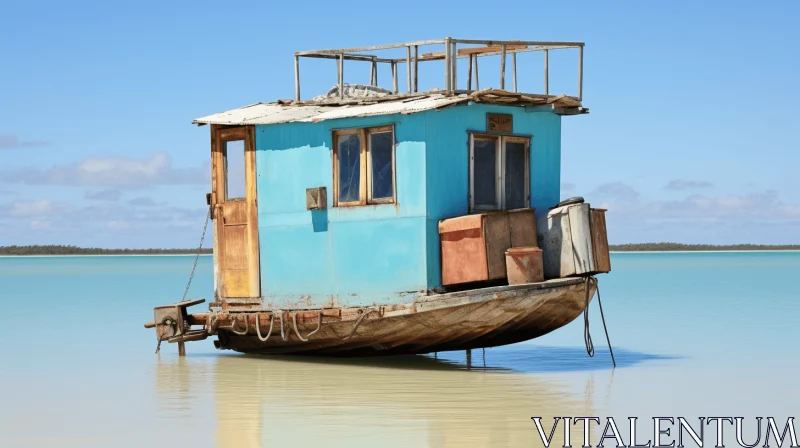 AI ART Tranquil Blue House Boat Floating on the Sea - Serene Artistic Image