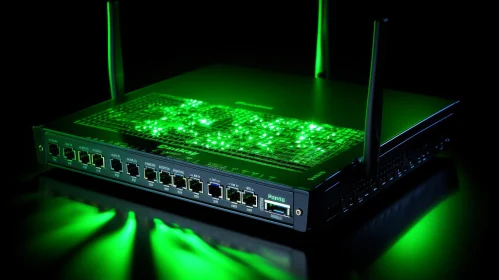 Black Router with Green Lights and Antennas