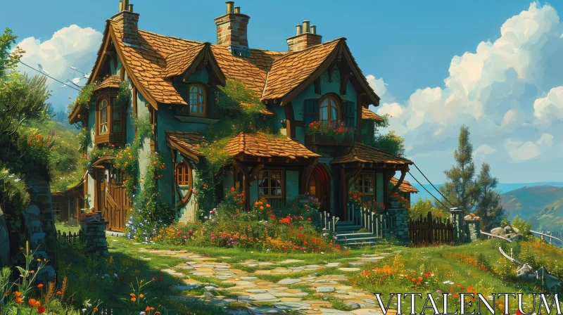 Captivating Digital Painting of a Beautiful House with Flowers AI Image