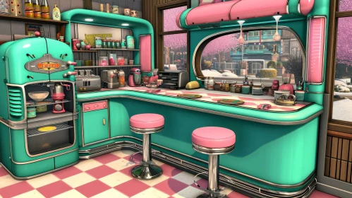Charming 50s-Style Diner with Pink and Blue Color Scheme
