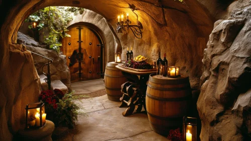 Enchanting Wine Cellar: Stone, Barrels, Fruit, and Candles