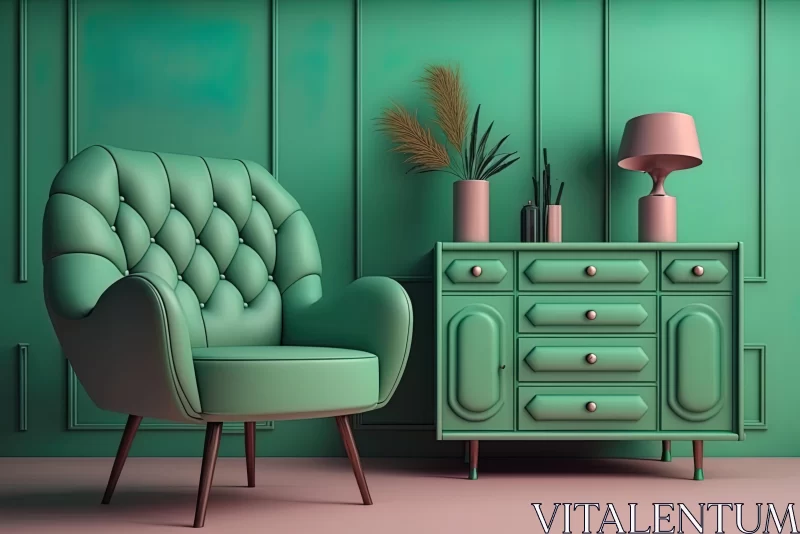 AI ART Green Chair and Dresser - Modern Interior Scene | Kitsch Aesthetic