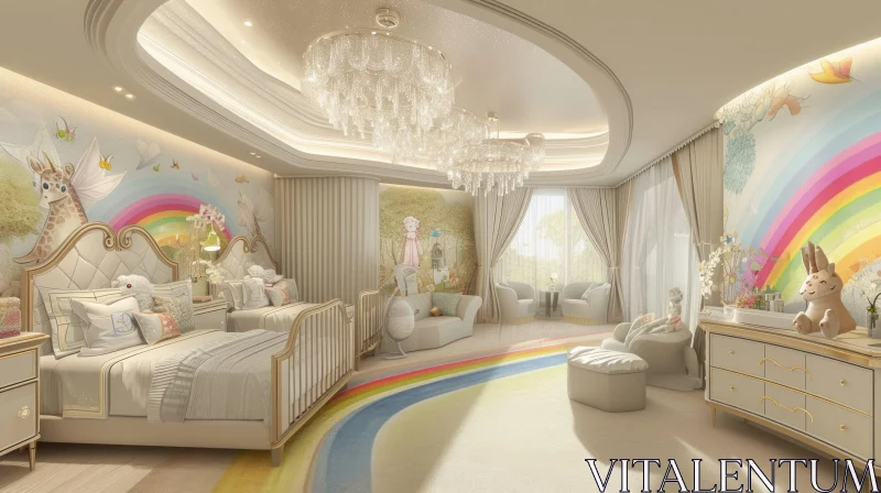 AI ART Luxurious Children's Bedroom with Curved Ceiling and Rainbow Theme