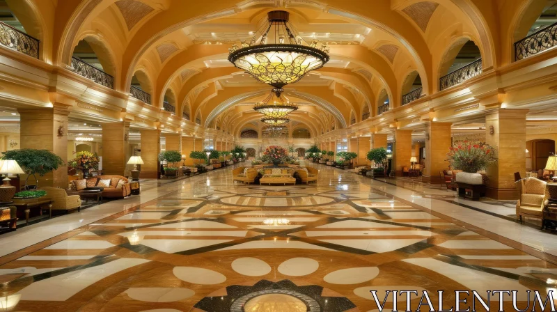 Luxurious Hotel Lobby with Marble Floor and Artistic Ambiance AI Image
