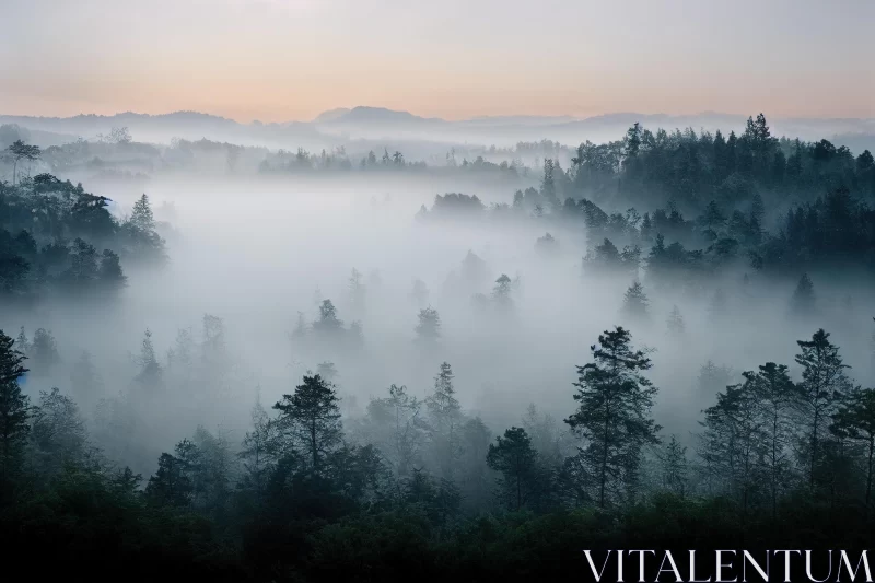 Misty Forest Sunrise: A Romanticized View of Norwegian Nature AI Image