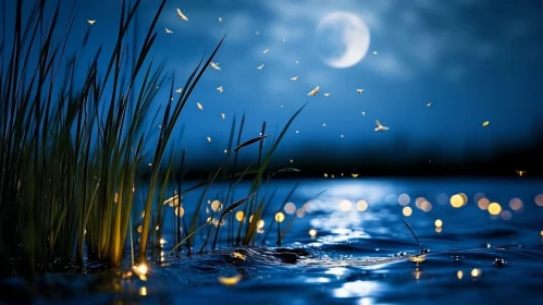 Moonlit Serenity: Captivating Night Landscape with Fireflies