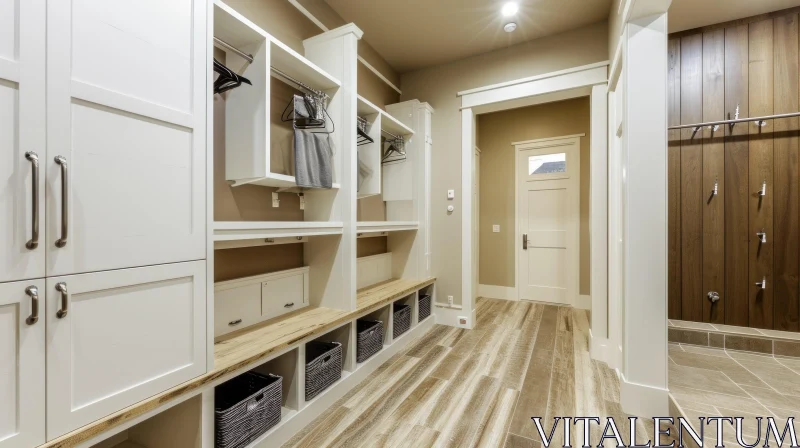 Organized Mudroom with White Built-In Cabinets and Wood Bench AI Image