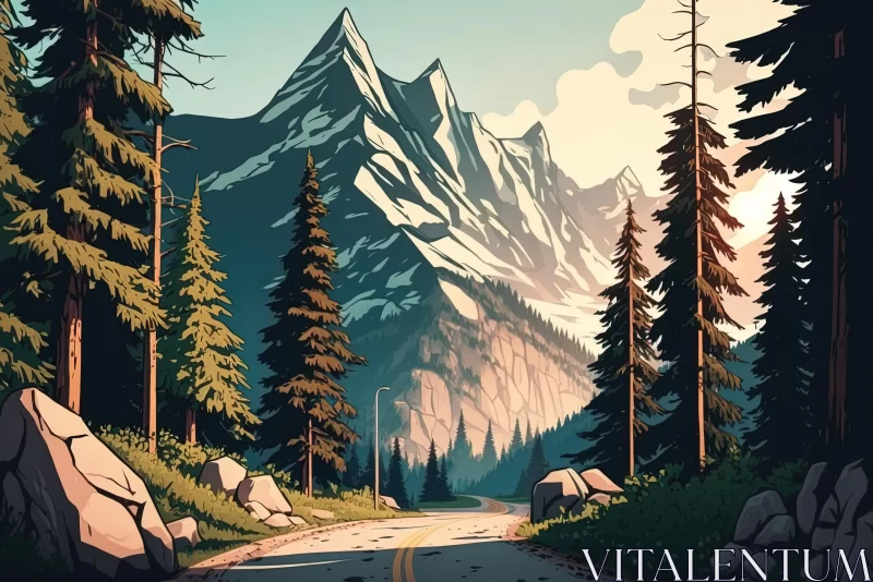 Scenic Mountain Road Through Pine Trees | Vintage Poster Style AI Image
