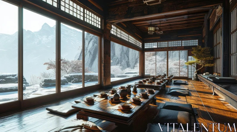 Serene Japanese Restaurant with Snow-Capped Mountain View AI Image
