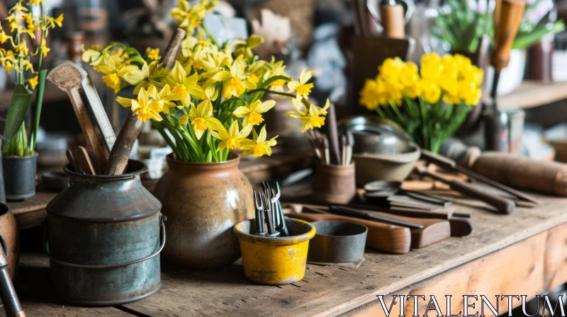 Serene Still Life with Yellow Daffodils in Ceramic Vase AI Image