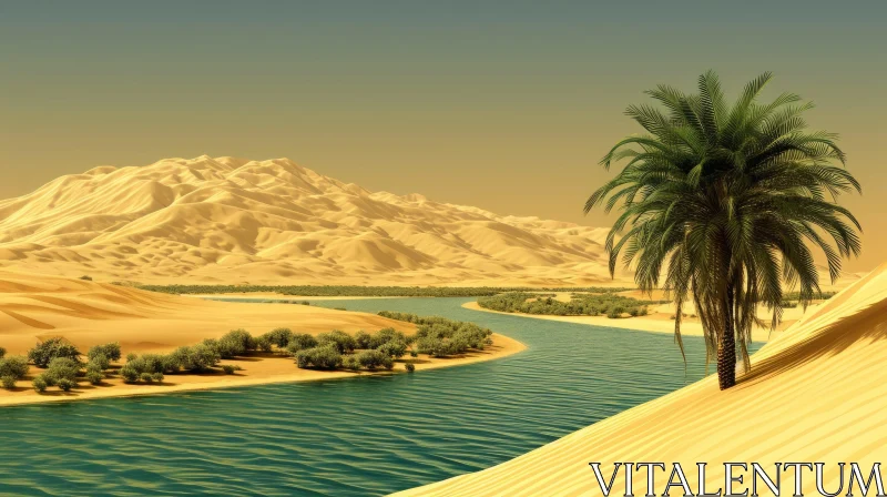 Tranquil Desert Landscape with River and Palm Tree AI Image