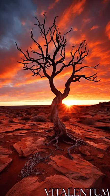 Captivating Image of a Lone Tree in a Red Sand Field at Sunset AI Image