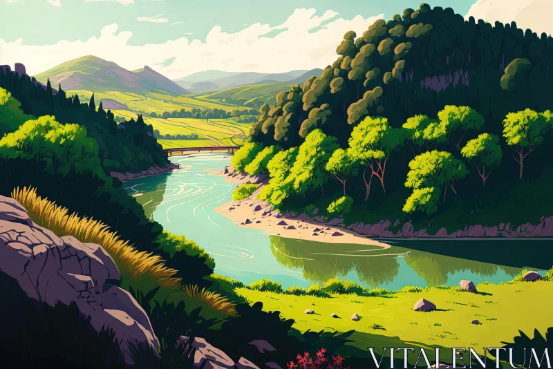 Captivating River Landscape in Art Nouveau Style AI Image