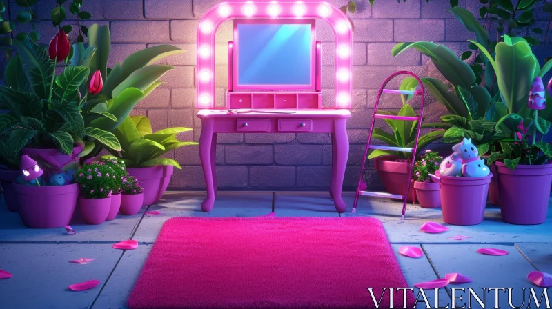 Charming Pink Dressing Table with Mirror | 3D Rendered Interior AI Image