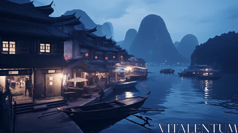 Chinese Boats Floating in Serene Waters: A Romantic Unreal Engine Masterpiece AI Image
