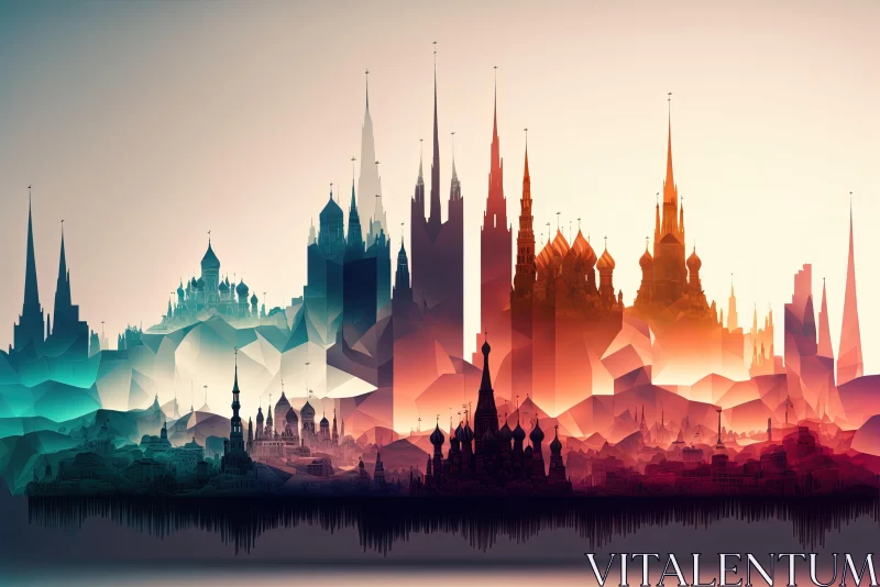 AI ART Colorful Vector Low Poly Skyline Art - Ornate Gothic Grandeur