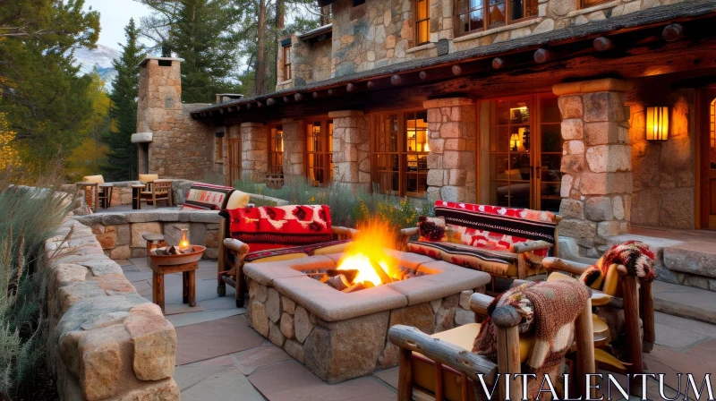Cozy Mountain Lodge with Stone Fireplace on Back Patio AI Image