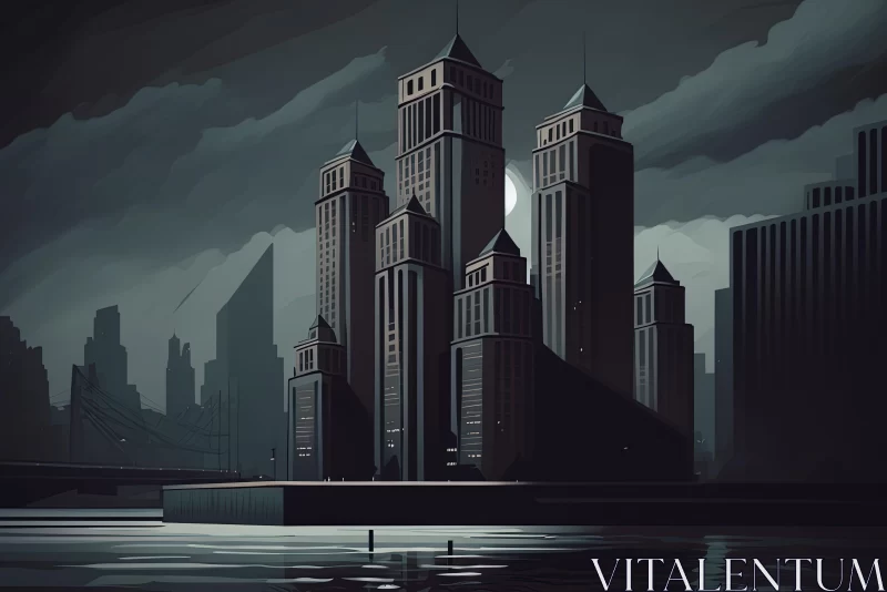 Dark City with Towers in Water - Crisp Neo-Pop Illustrations AI Image
