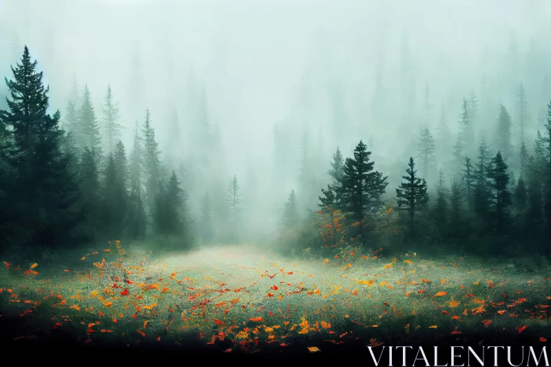 Mystical Foggy Forest with Vibrant Flowers | Texture-Rich Landscape AI Image