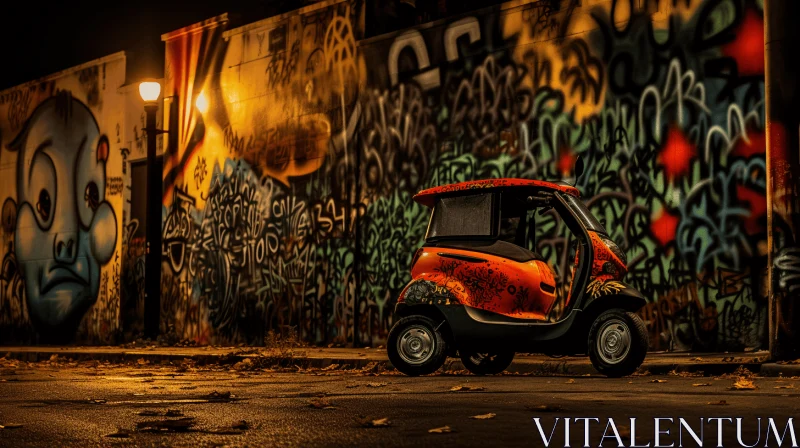 Night Street Scene with Vibrant Graffiti and a Small Car AI Image