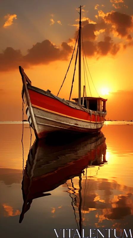 Serene Maritime Scene: Wooden Boat at Sunset AI Image