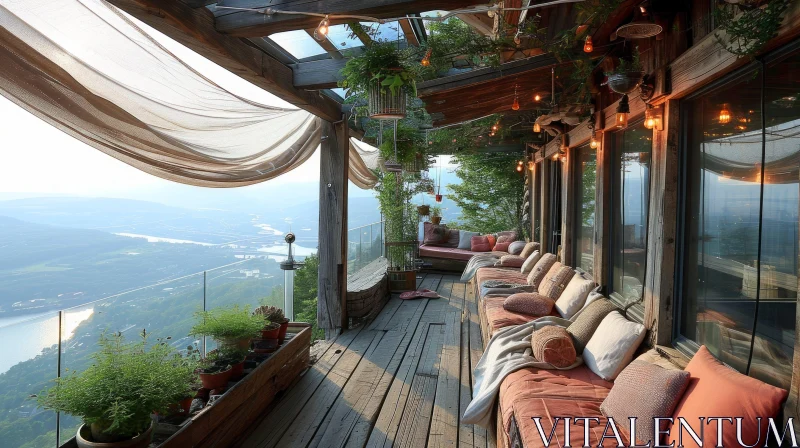 Serene Outdoor Living Space with River and Mountain View AI Image