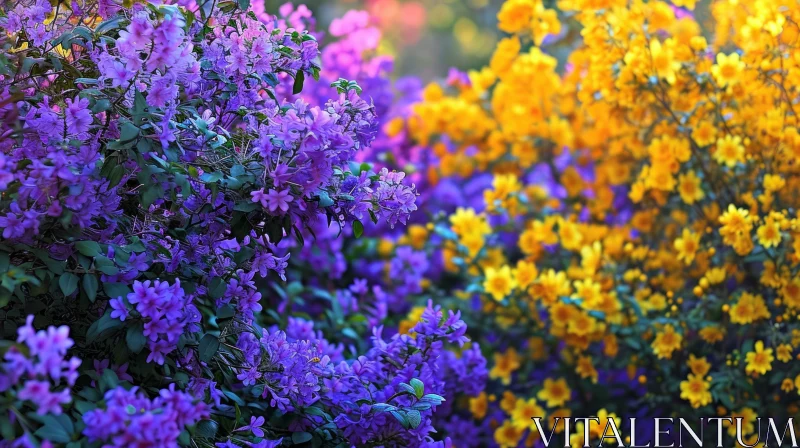 Captivating Close-Up of Purple and Yellow Flowers in a Serene Garden AI Image
