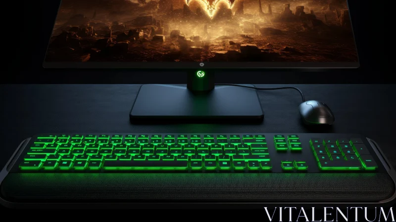 Imposing Gaming Setup - Black Desk, Illuminated Keyboard, Vibrant Colors AI Image