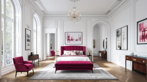 Luxurious Bedroom with Red Velvet Bed and Artwork