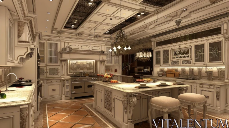 Luxurious Kitchen with White Marble Island and Intricate Carvings AI Image