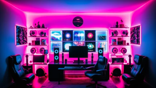 Modern Gaming Room with Neon Lights and Video Games