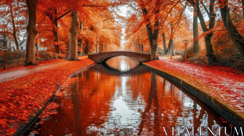 Serene Autumn Park with Canal and Vibrant Orange Foliage AI Image