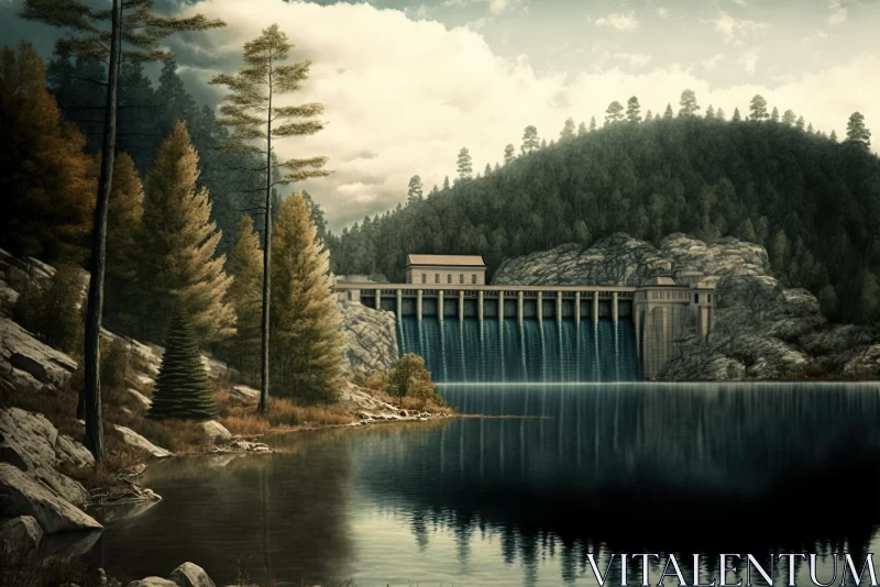 Serene Dam in Mountains: Hyper-Detailed Vintage Artwork AI Image
