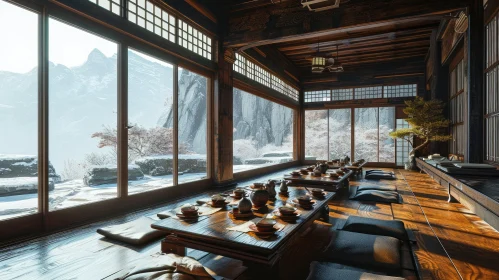 Serene Japanese Restaurant with Snow-Capped Mountain View