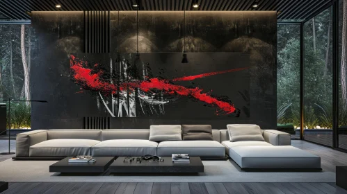 Sophisticated Living Room with Black Wall and Red Painting