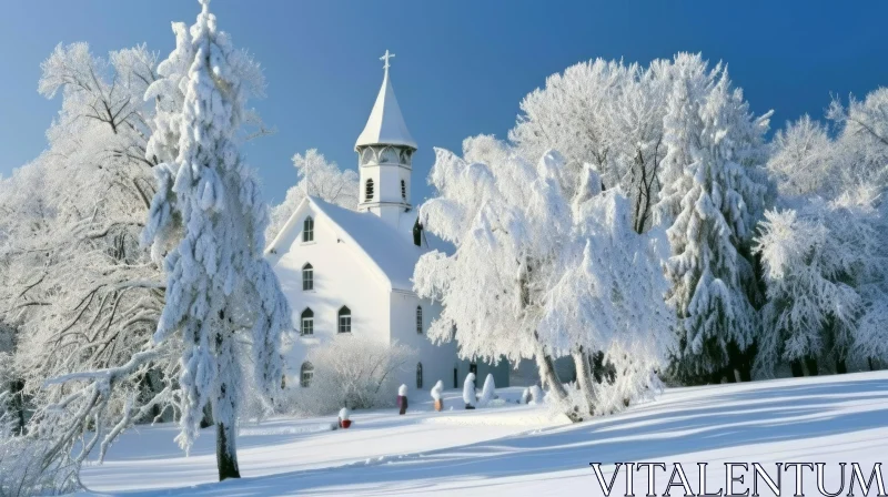 Tranquil Winter Landscape with Church in Snowy Forest AI Image