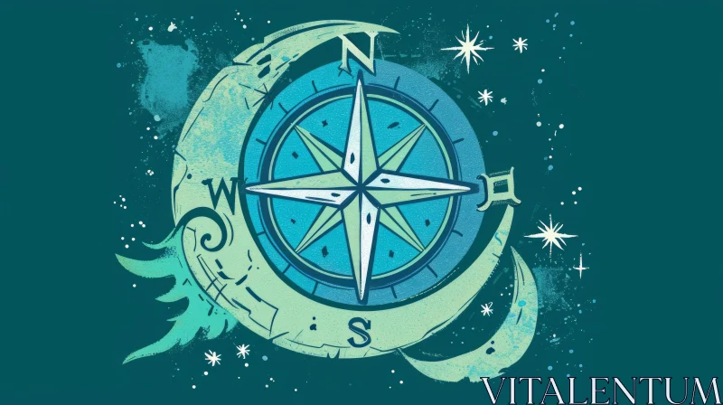 Whimsical Compass with Crescent Moon - Delightful Cartoon Art AI Image