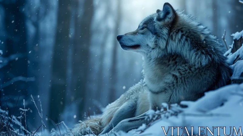 Winter Scene with Lone Wolf Resting in Snow AI Image