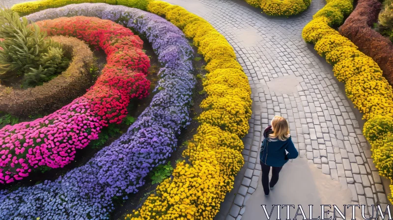 Aerial View of Woman Walking in Colorful Flower Garden AI Image