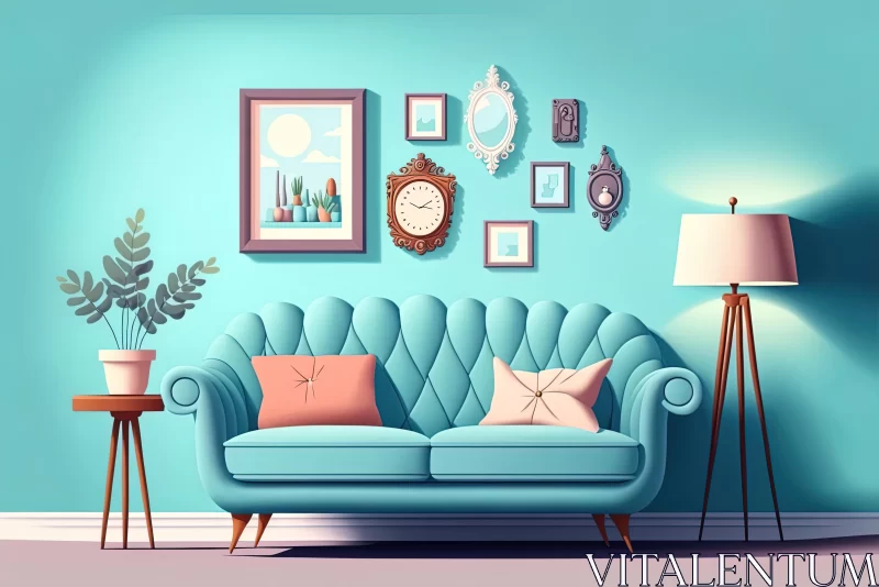 AI ART Blue Interior with Modern Couch and Retro Vintage Vibes