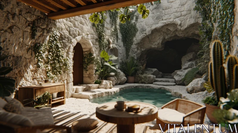 Enigmatic Cave Interior: 3D Rendering with Plants and Pool AI Image