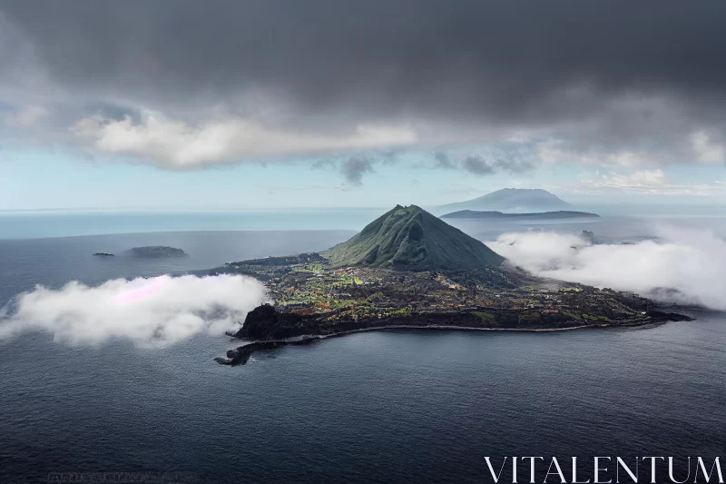 Misty Island with Small Mountain: A Dreamlike Aerial View AI Image