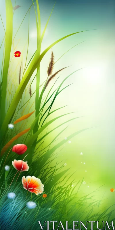 Romantic Riverscape: Colorful Green Grass and Flowers AI Image