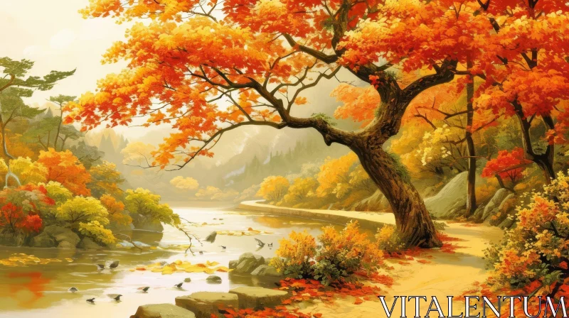 Serene Autumn River Landscape Painting AI Image