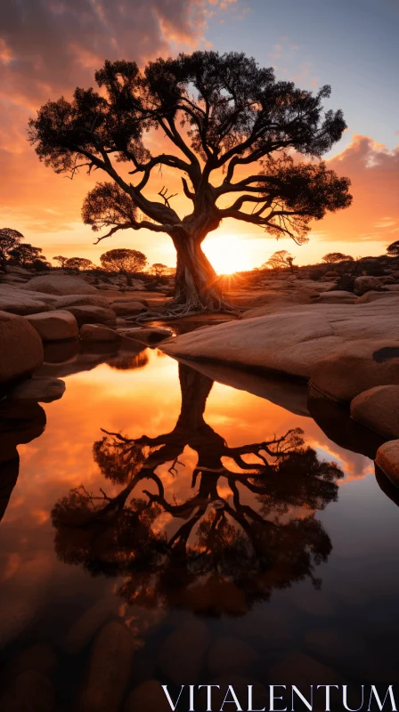 Serene Sunset Reflection with Rocks and Acacia Tree | Australian Landscapes AI Image