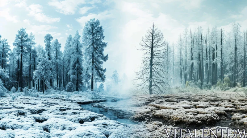 Winter Landscape: Frozen and Dead Forest with Serene River AI Image