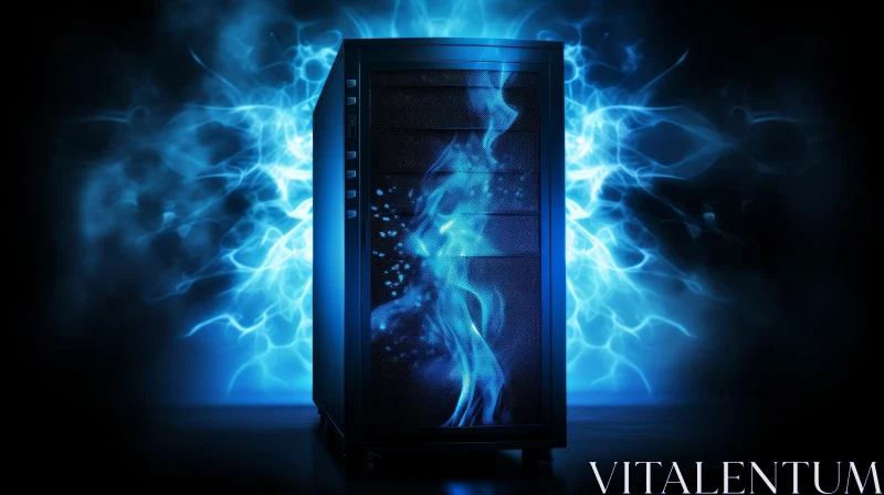 Dark and Mysterious Computer Case with Blue Glow and Flames AI Image