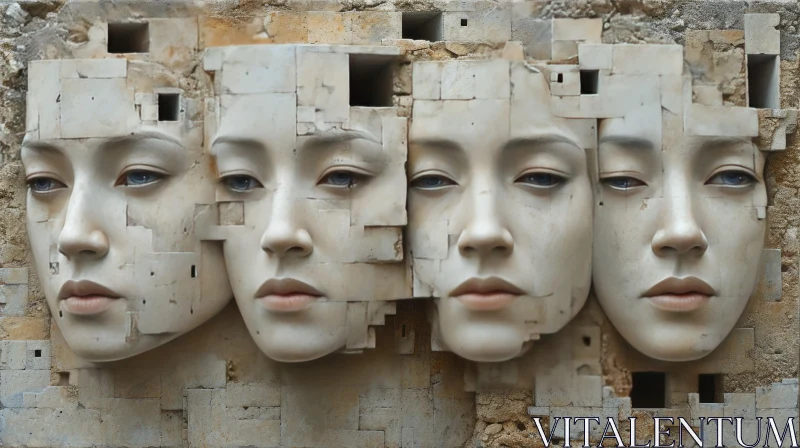 Enchanting Triptych of Stone Female Faces AI Image