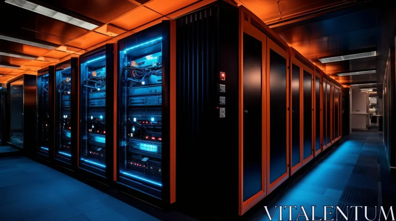 Futuristic Data Center Illuminated by Blue and Orange Lights AI Image
