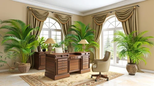 Luxurious Home Office with Wooden Desk and Potted Plants